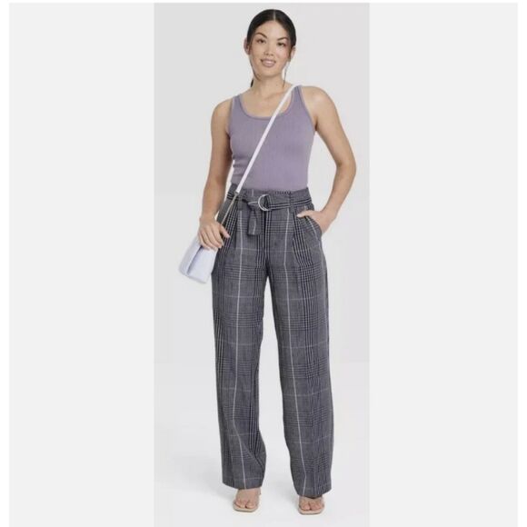 448 Women's Plaid High Rise Wide Leg Trousers with Belt - Picture 5 of 6